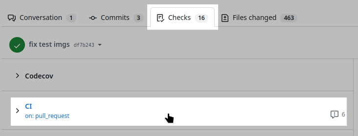 A PR’s Checks tab, listing the CI workflow run.